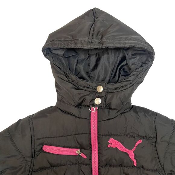 Puma Girls Puffer Hooded Jacket Size 4 Pockets Zip-Up Black & Pink - Picture 3 of 8